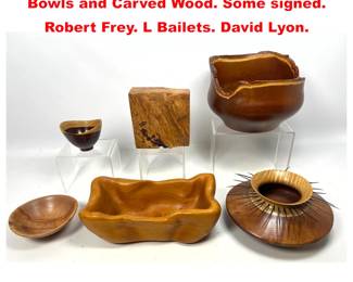 Lot 2139 6pc Wood Artisan Turned Wood Bowls and Carved Wood. Some signed. Robert Frey. L Bailets. David Lyon.