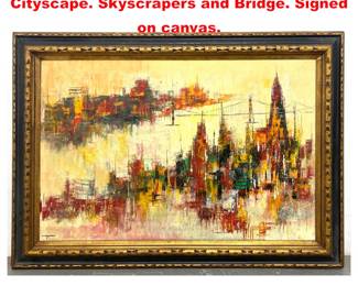 Lot 1849 H HAYDEN Modernist Abstracted Cityscape. Skyscrapers and Bridge. Signed on canvas.