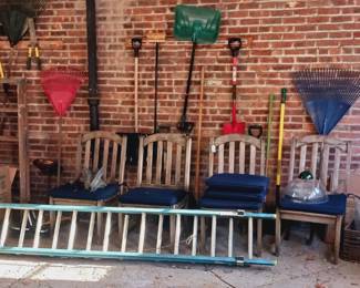 Extension ladder, lawn chairs, rakes etc...