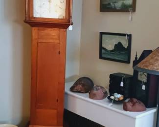 Tall case clock, pottery umbrella, masks, oil paintings