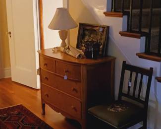 Curly maple chest of drawers, wonderful narrow Oriental rug, Victorian chair
