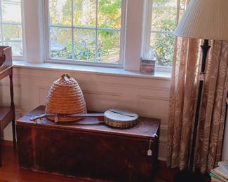 Primitive blanket box, bee skep, wash stand and vintage banjo