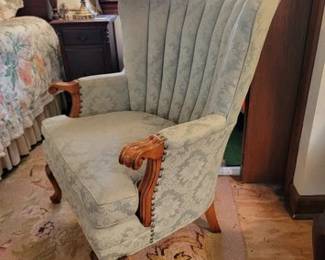 Vintage upholstered chair, brass base lamp, side table cabinet