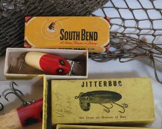 Vintage fishing lures and net