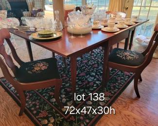 Mahogany drop leaf dining set, area rug, flatware and tea service sets