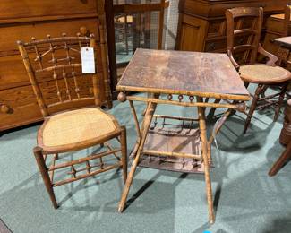 antique stick & ball side table & woven seat chair