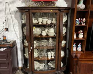 antique paw foot oak bow front china, Pfaltzgraff dinnerware 