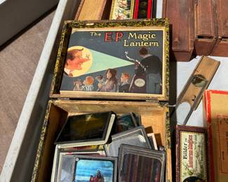 antique magic lantern collection, German magic lanterns, electric magic lanterns, different size magic lantern slides