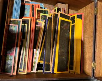 antique magic lantern collection, German magic lanterns, electric magic lanterns, different size magic lantern slides