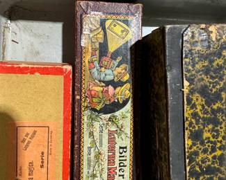 antique magic lantern collection, German magic lanterns, electric magic lanterns, different size magic lantern slides