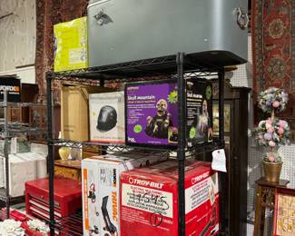 NIB lawnmowers, tools, cookers, parts washer...rolling storage racks 