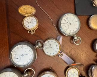 Pocket Watch collection, Waltham, Elgin, some running, some for parts, Masonic FOB, 14K gold