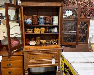 antiques, bookcase secretary, stoneware, spongeware, Rockingham glaze, antique German salt glaze