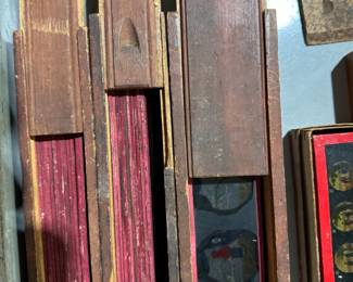 antique magic lantern collection, German magic lanterns, electric magic lanterns, different size magic lantern slides