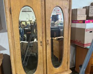antique birds eye maple armoire and dresser, as found