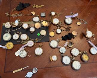Pocket Watch collection, Waltham, Elgin, some running, some for parts, Masonic FOB, 14K gold