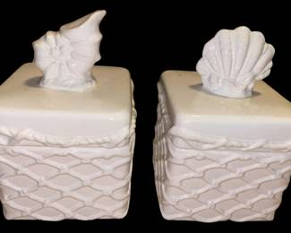 Two White Ceramic Sea Shell Canisters 
