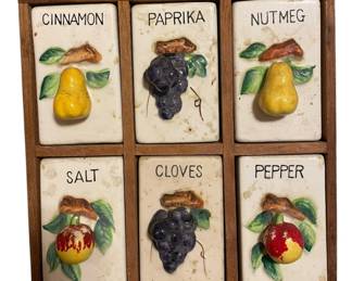Vintage Spice Rack wCeramic Shakers 