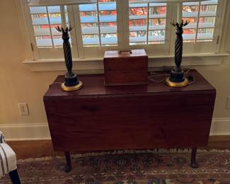 Antique drop leaf table, pair of buffet lamps