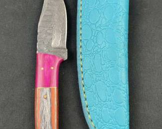 Damascus Steel EDC Fixed Blade Knife, Turquoise