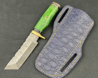 Damascus Steel Tanto Blade Knife, Green Handle