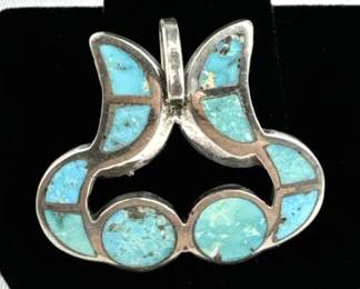 925 Silver Vtg. Zuni Turquoise Inlay Brooch/Pin