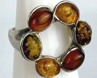925 Silver Multi-Color Baltic Amber Ring