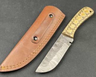 Damascus Steel Fixed Blade Knife w/ Tan Sheath
