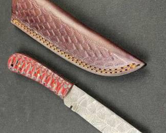 Damascus Steel Fixed Blade Knife w/ Brown Sheath