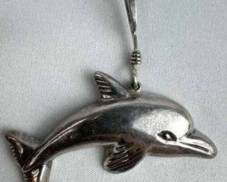 925 Silver Large Puffy Dolphin Pendant w/ Long Bal