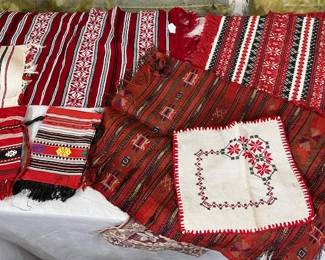 Antique Romanian handwoven table linens and pouches