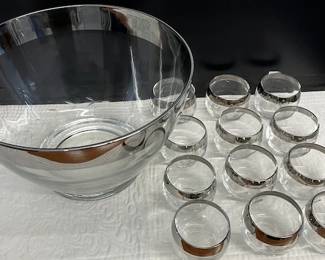 Dorothy Thorp silver rim punch bowl + 12 cups