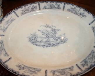 antique English platter, blue bird motif