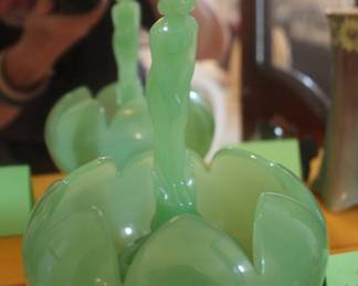 Fenton "September Morn" jadeite figurine in lotus bowl with flower frog