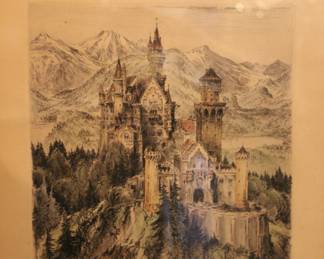 signed and colored print Neuchwanstein castle