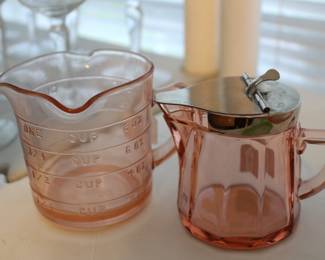 Kellog's pink measuring cup; Heisey syrup pitcher