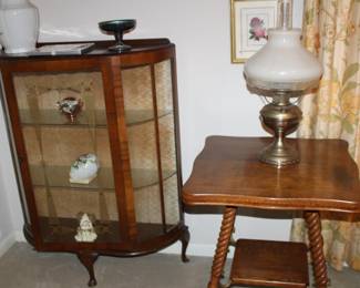 Aladdin lamp, curio cabinet, oak lamp table with ball and claw feet