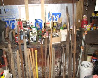 wood bench, shovels, rakes, splitting malls, chemicals