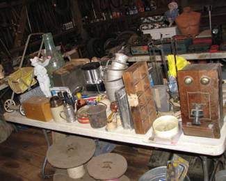 Old phone prop, camping lights, wood trays, glass pop bottles, large plastic coke bottle