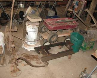 kerosene heater, engine cart, old wagon