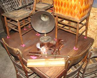 old speaker, self storing table and old cane bottom chairs