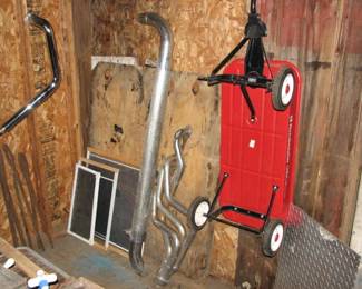3 wheeled wagon, 1 header and side pipe, motorcycle exhaust, window screens