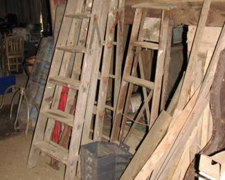 Miscellaneous wood, plastic boxes, wood ladders