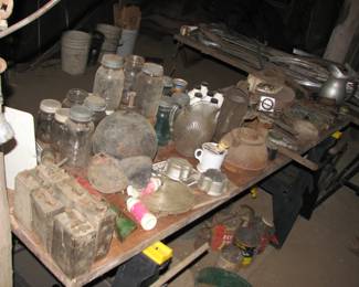 old jars, cast iron teapot, wooden ignition coils
