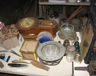 clocks, blue police car light, National headlight (possibly from a train?)