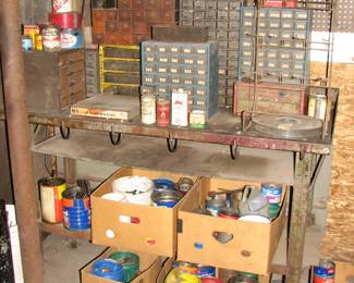 metal bench, full parts cabinets, boxes of hardware