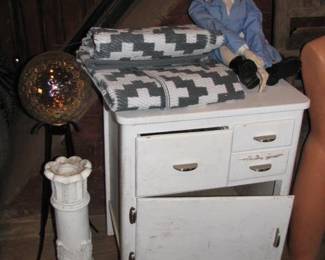 Gazing ball and stands, cabinet, grandma porcelain doll