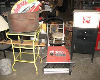 kitchen cart, snow blower, copper boiler