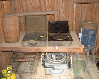 wood nail keg, vintage turn tables (for parts) cream separator, powered roof vent