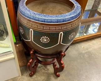 Vintage Chinese Hand Painted & Signed Bowl on Wood Stand $200